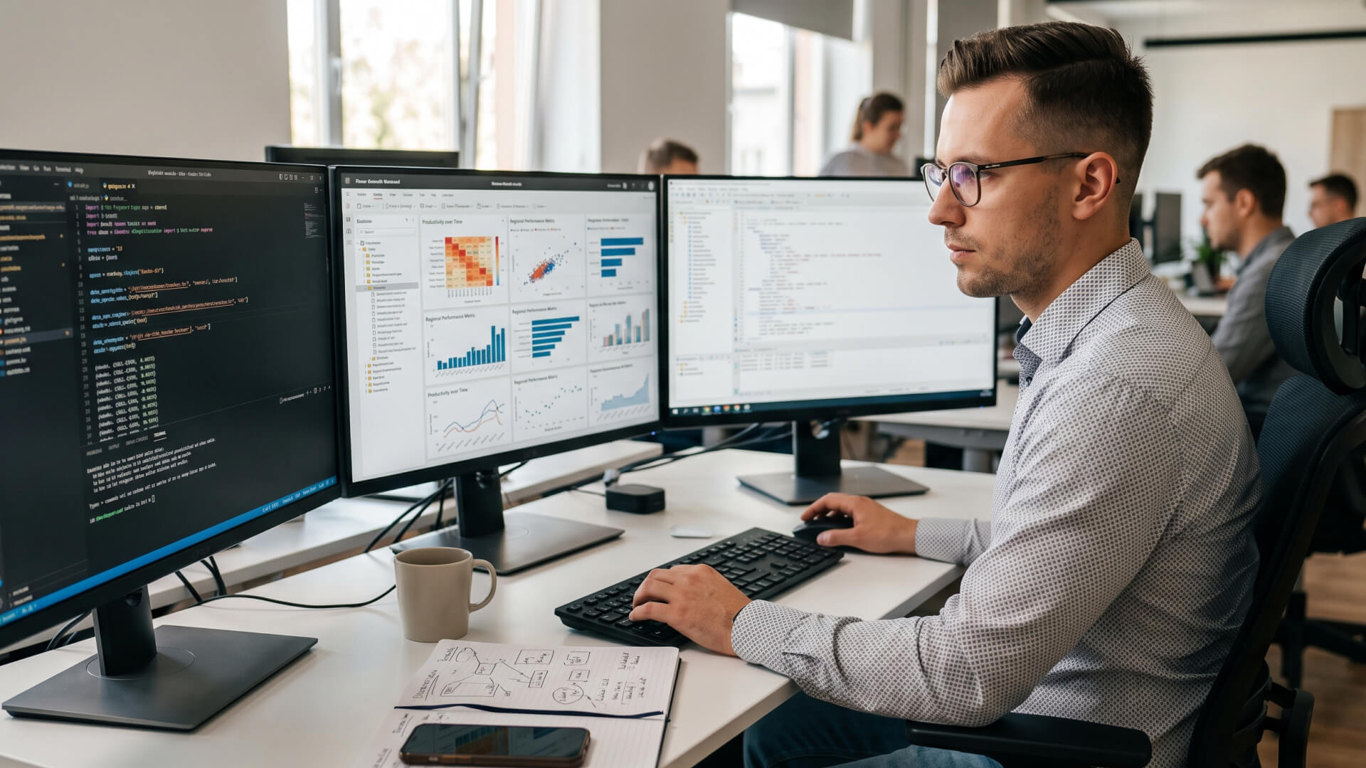 Analytik v brýlích sleduje tři monitory s kódem a dashboardy s grafy v otevřené kanceláři