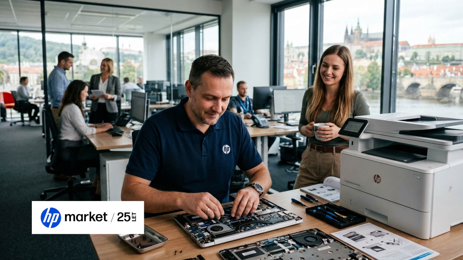 Ein Techniker im HP-T-Shirt zerlegt an einem Bürotisch ein Notebook, hinter ihm eine Kollegin mit Tasse und ein HP-Drucker