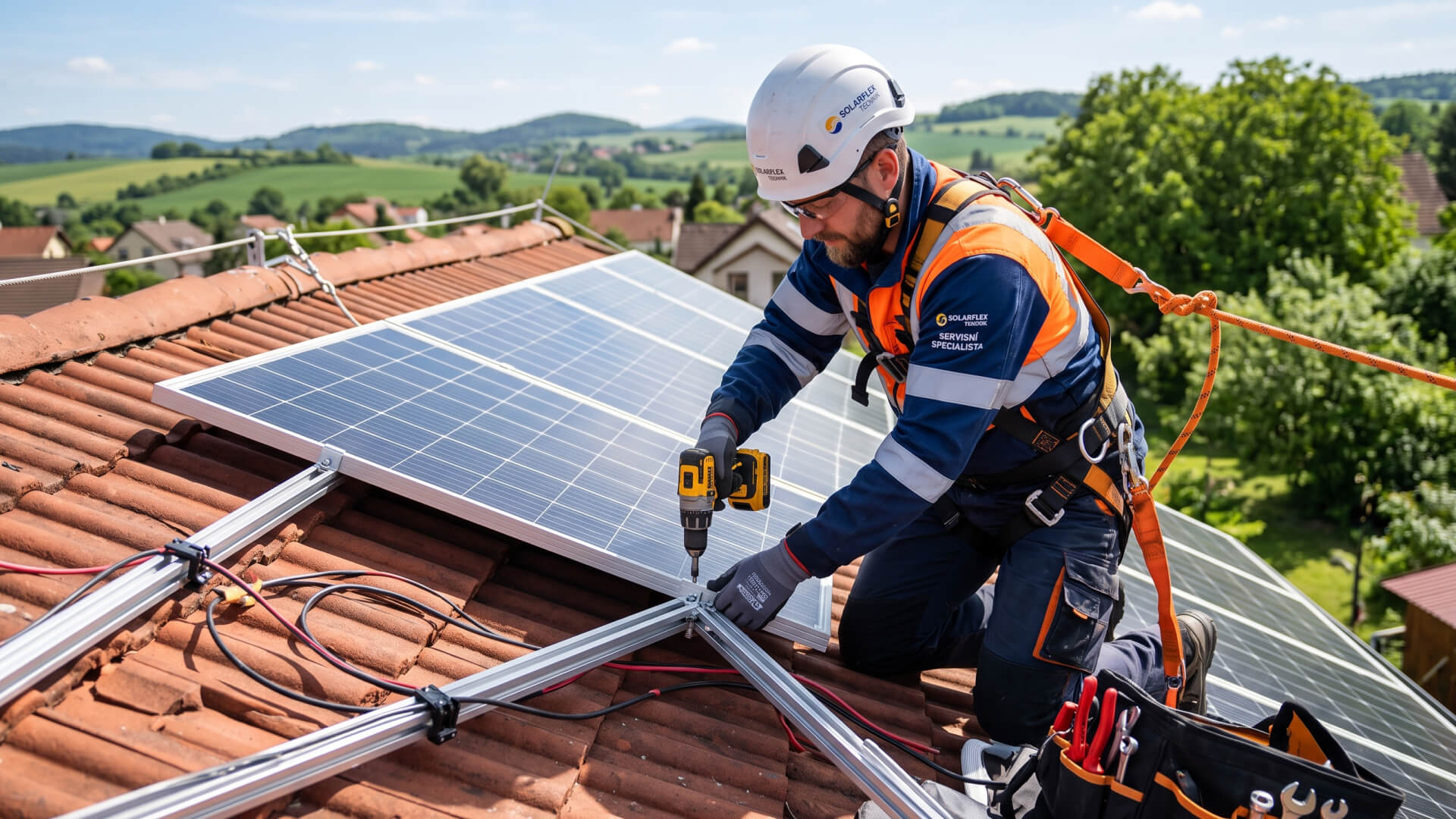 Servisní technik v přilbě a jisticím postroji přišroubovává fotovoltaický panel na střeše rodinného domu