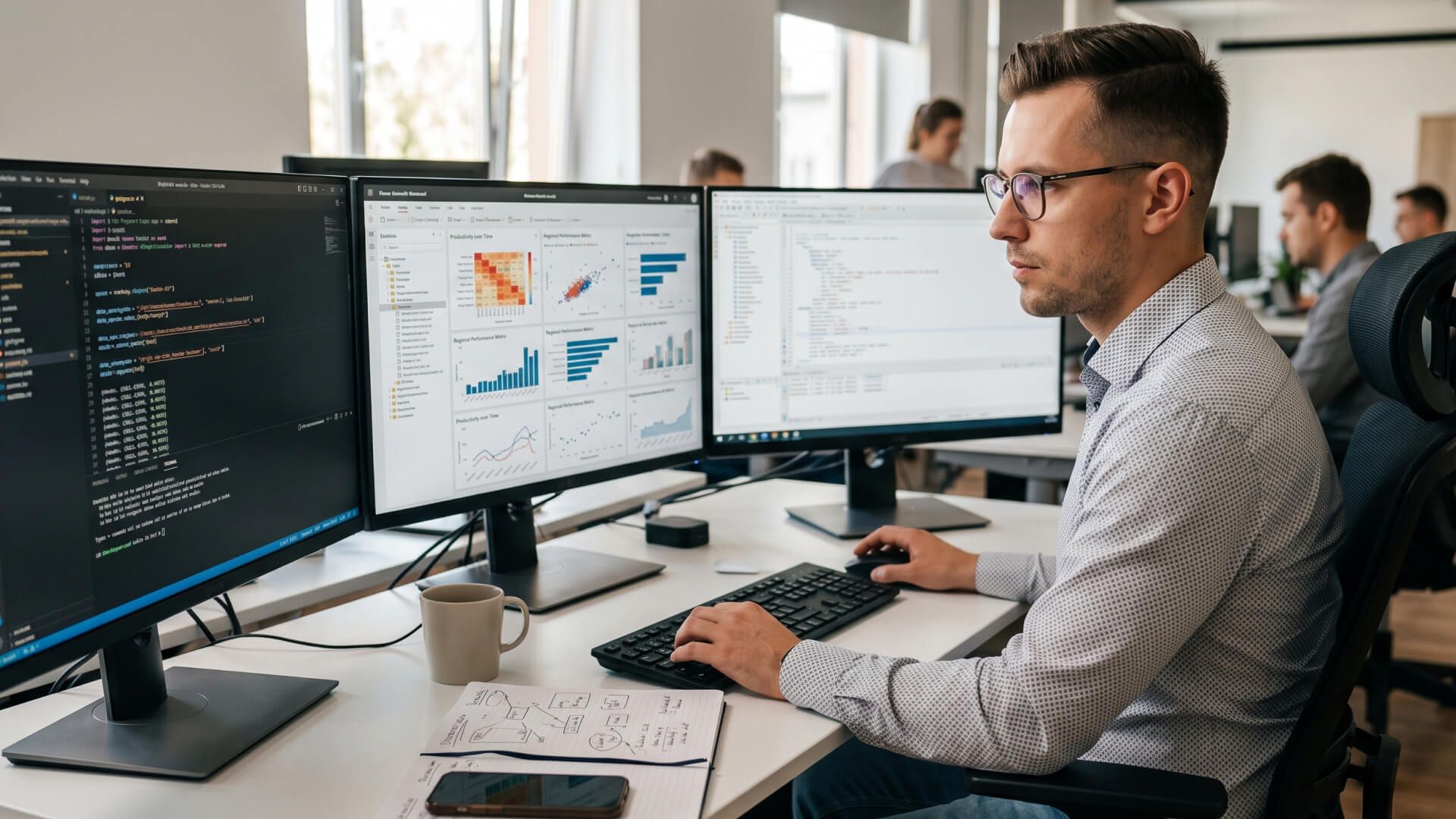 An analyst in glasses watching three monitors showing code and dashboards with charts in an open-plan office